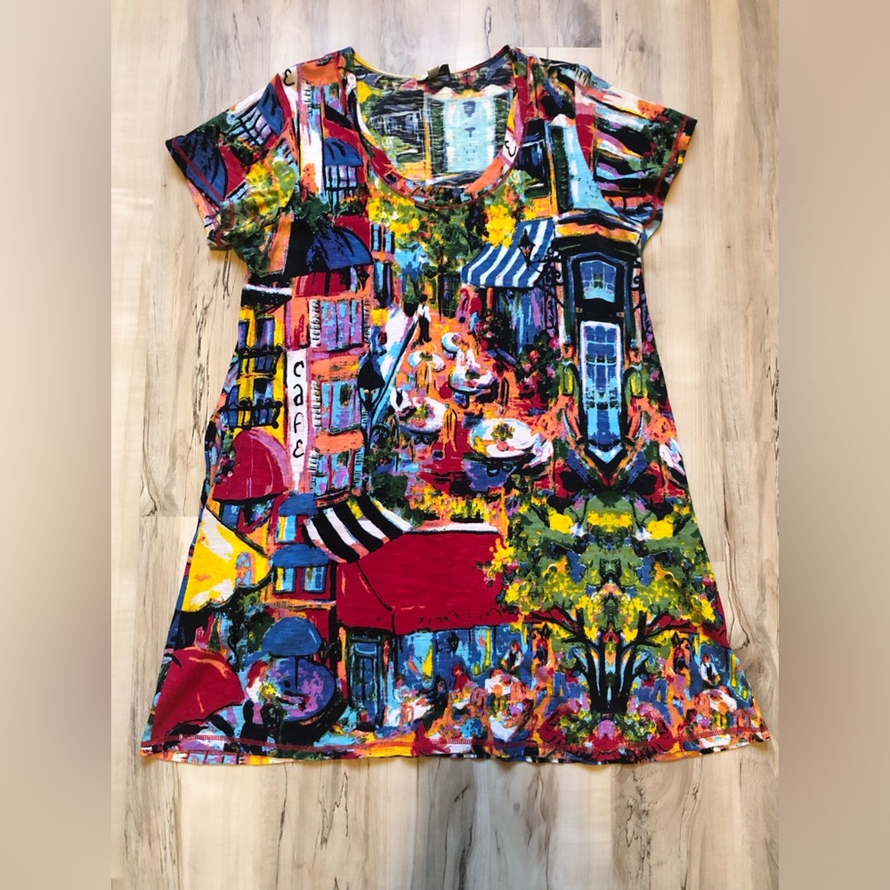 Orientique Midi Cafe Scene Cotton Shift Dress Vibrant Multicolor Print Australia